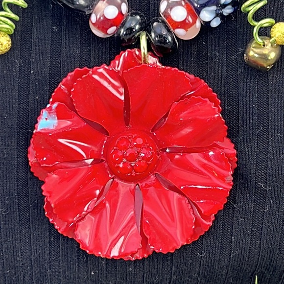 ⭐️Adorned Crown Artisan Assemblage jingle bell poinsettia Christmas necklace - Picture 2 of 11